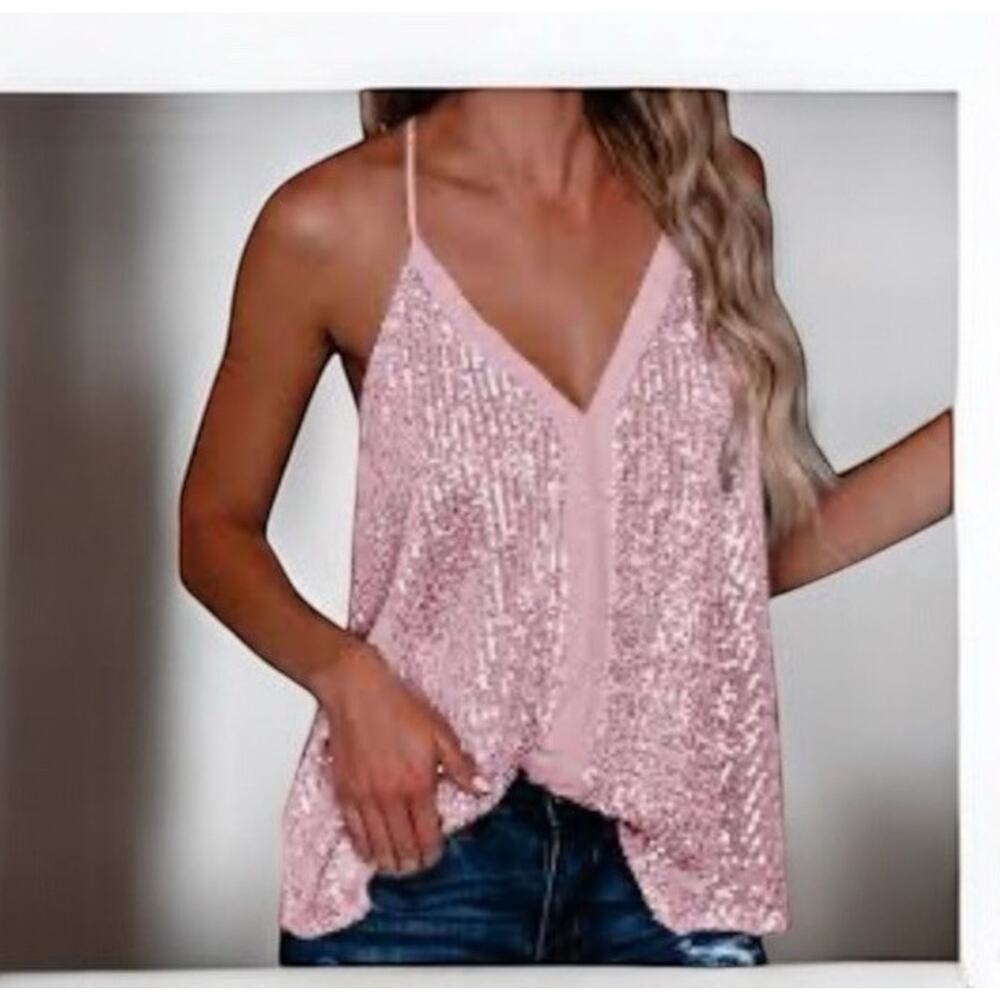 Sequin V-Neck Spaghetti Strap Tank Top - Pink